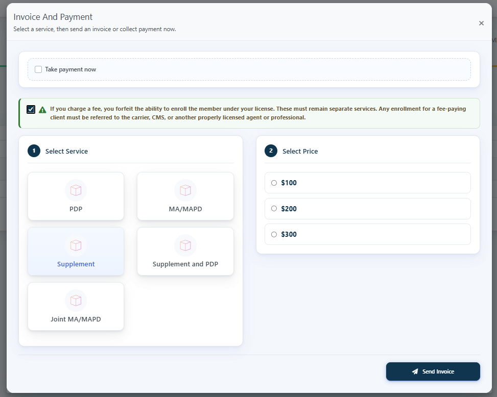 CHCA fee-based planning screen showing service selection, pricing, required acknowledgement, and invoice action