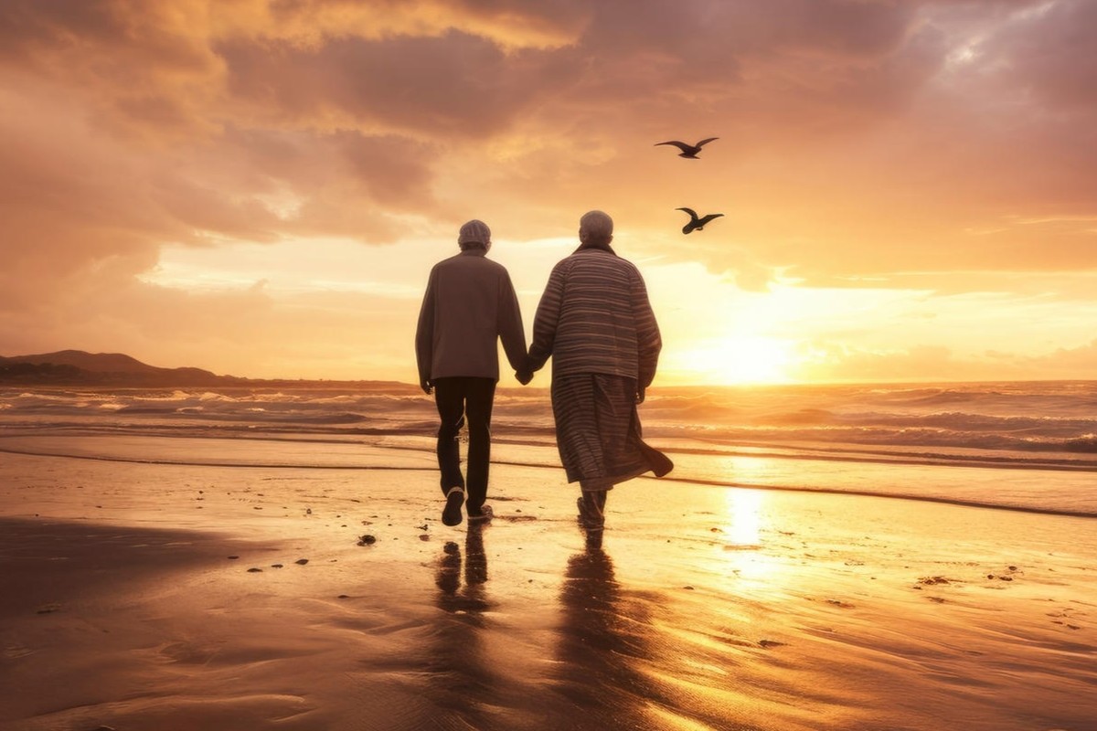 An older couple walking and talking together in a park